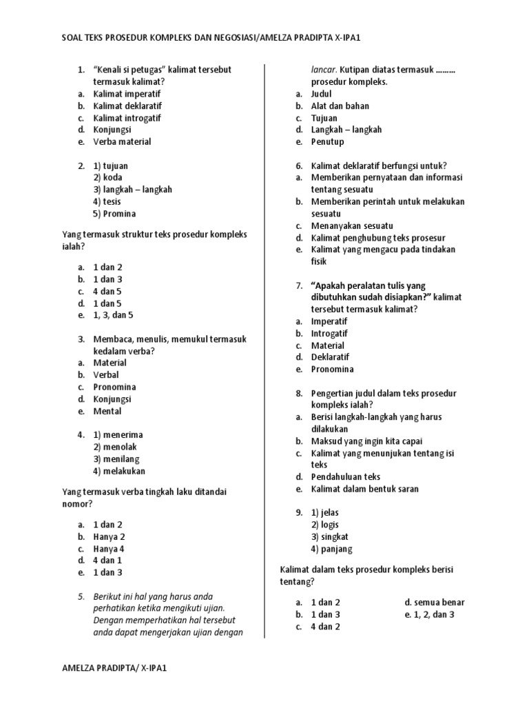 Soal Teks Prosedur Kompleks Dan Negosiasiamelza Pradipta X Ipa1