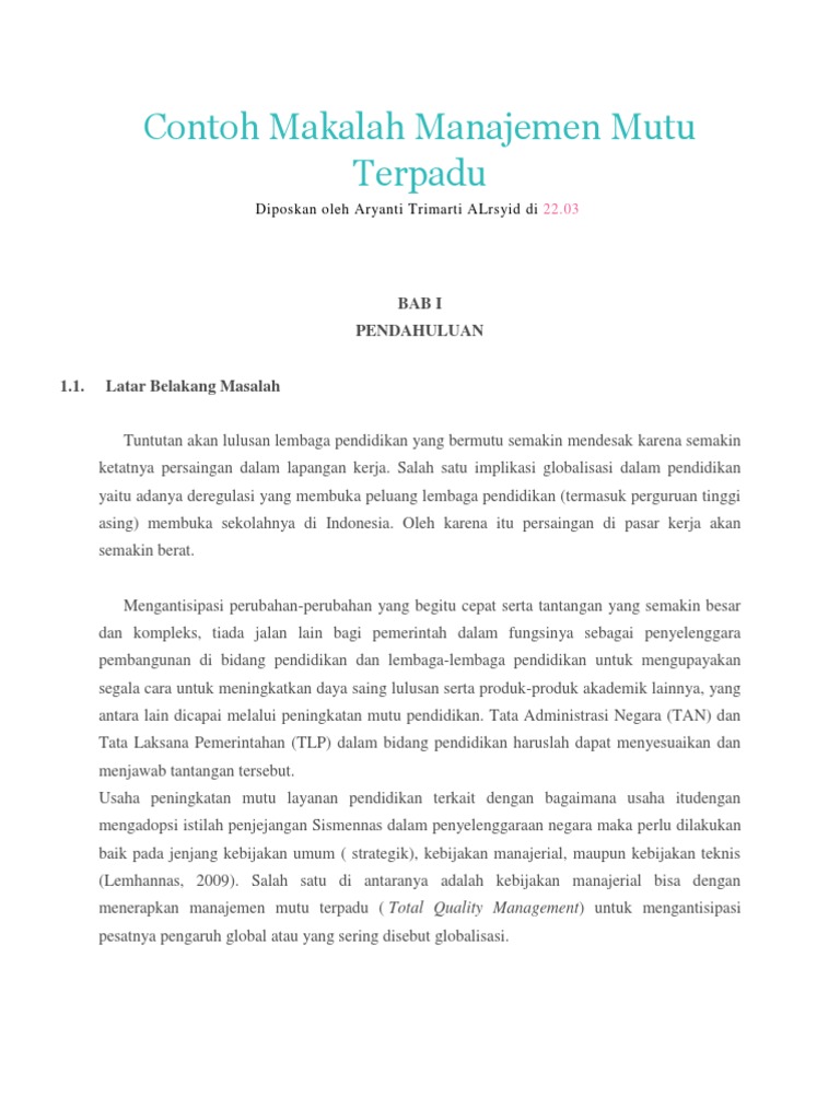 Contoh Makalah Manajemen Mutu Terpadu