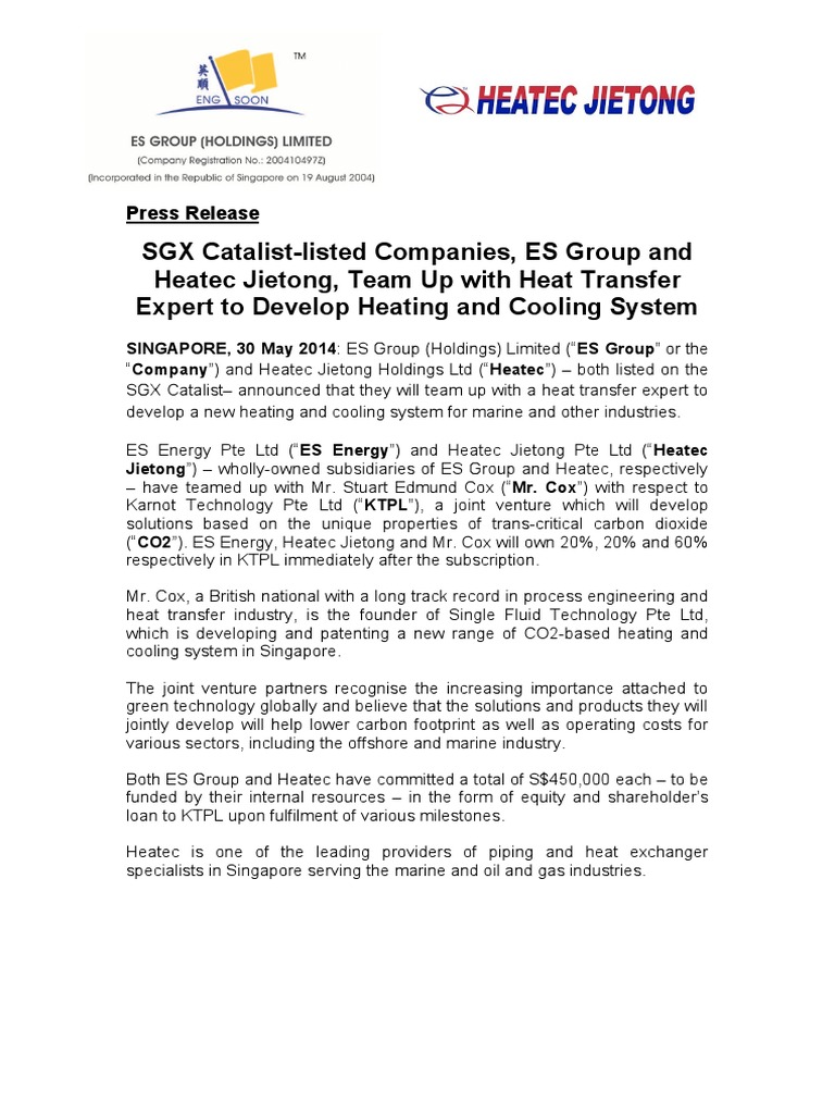 SGX CatalistListed Companies, ES Group and Heatec Jietong, Team Up