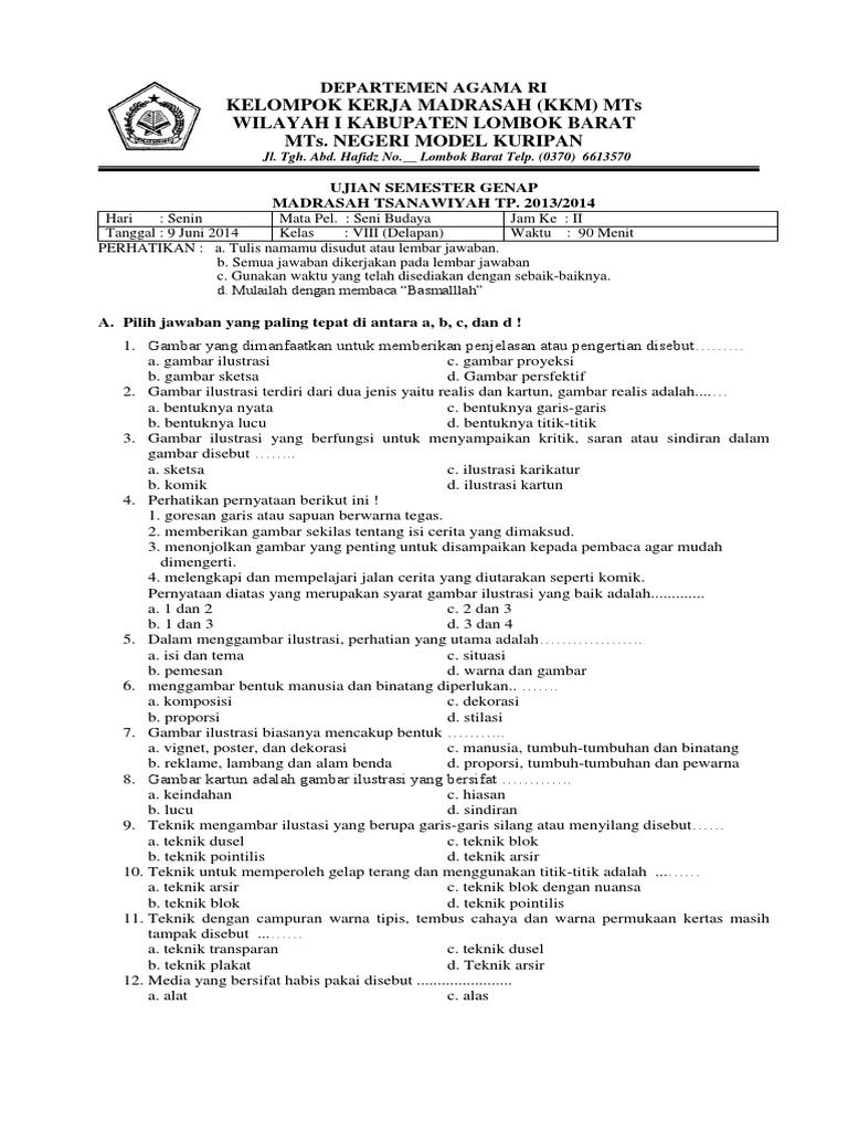 Soal Seni Budaya Kelas Viii Semester Genap Tp 2013 2014