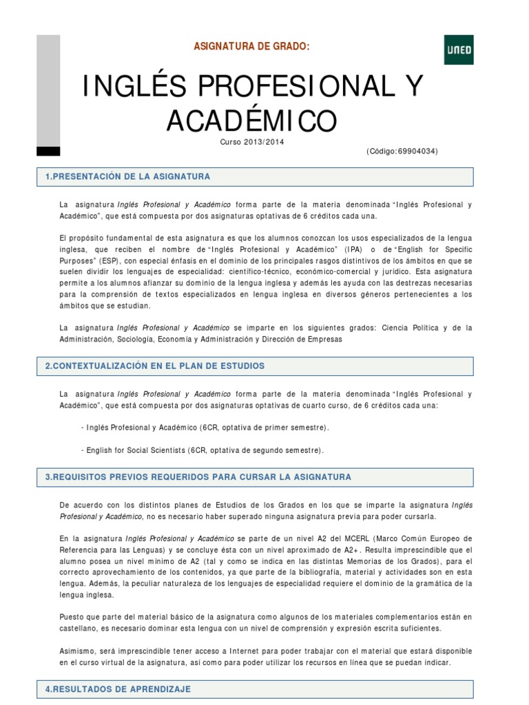 Ingles Profesional y Academico Conocimiento Idioma en Inglés
