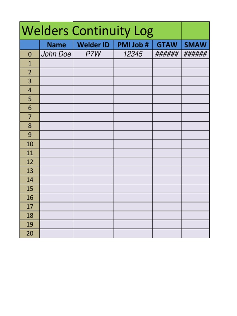 Welder Continuity Log Template | PDF