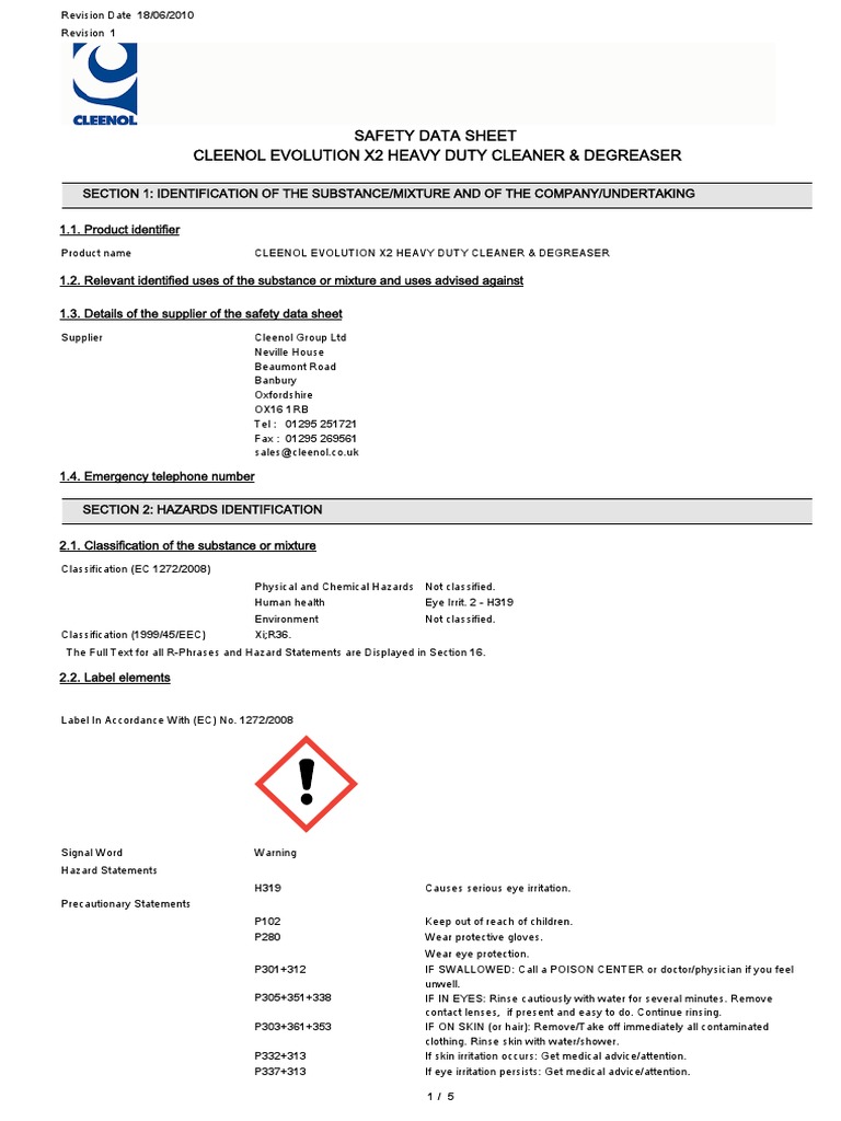 Cleenol Evolution x2 Heavy Duty Cleaner Degreaser Sds10787 PDF