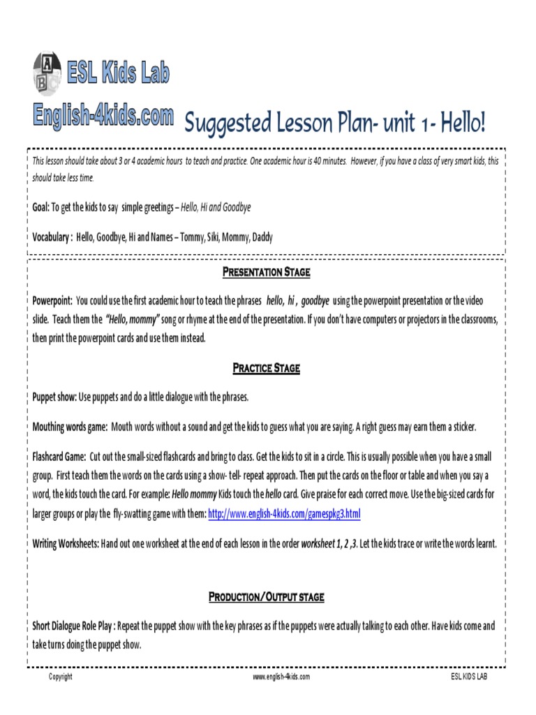 Unit 1: Hello Lesson Plan Overview | PDF