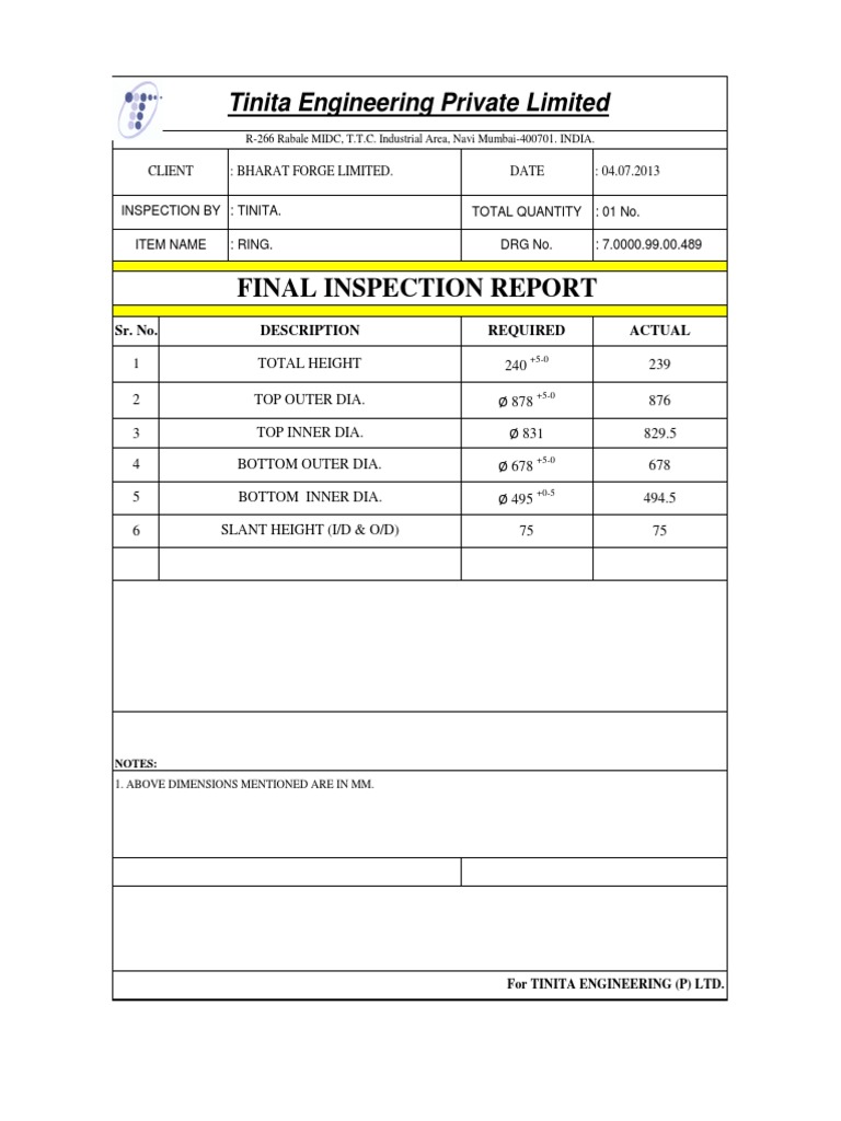 Final Inspection Report for Ring Dimensions | PDF