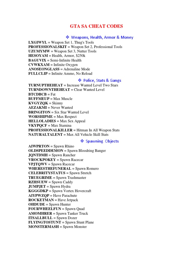 GTA San Andreas Cheat Codes Overview | PDF | Leisure | Transport