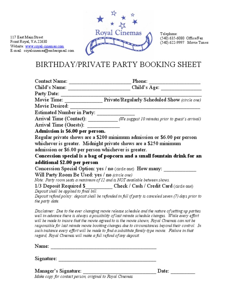 Birthday Party Booking Form Template | PDF
