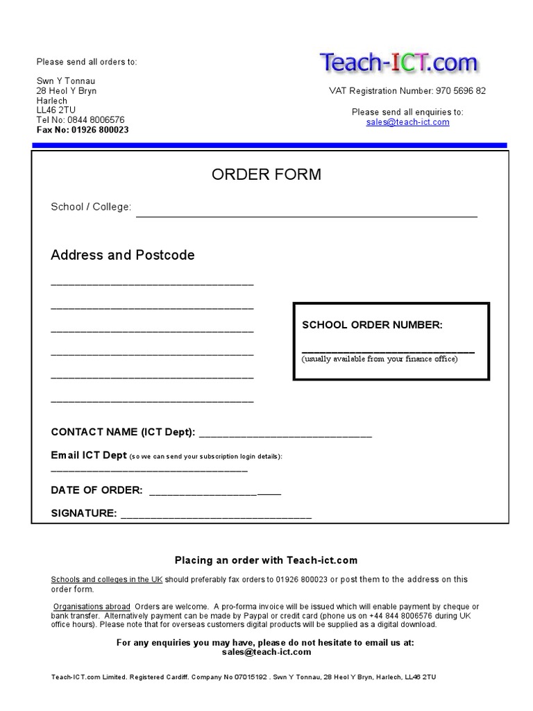 Teach-ICT Order Form and Pricing Details | PDF