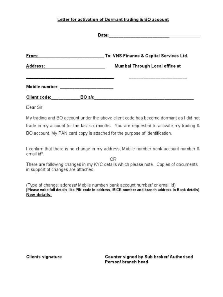 Dormant Account Activation Request Letter | PDF | Business | Law