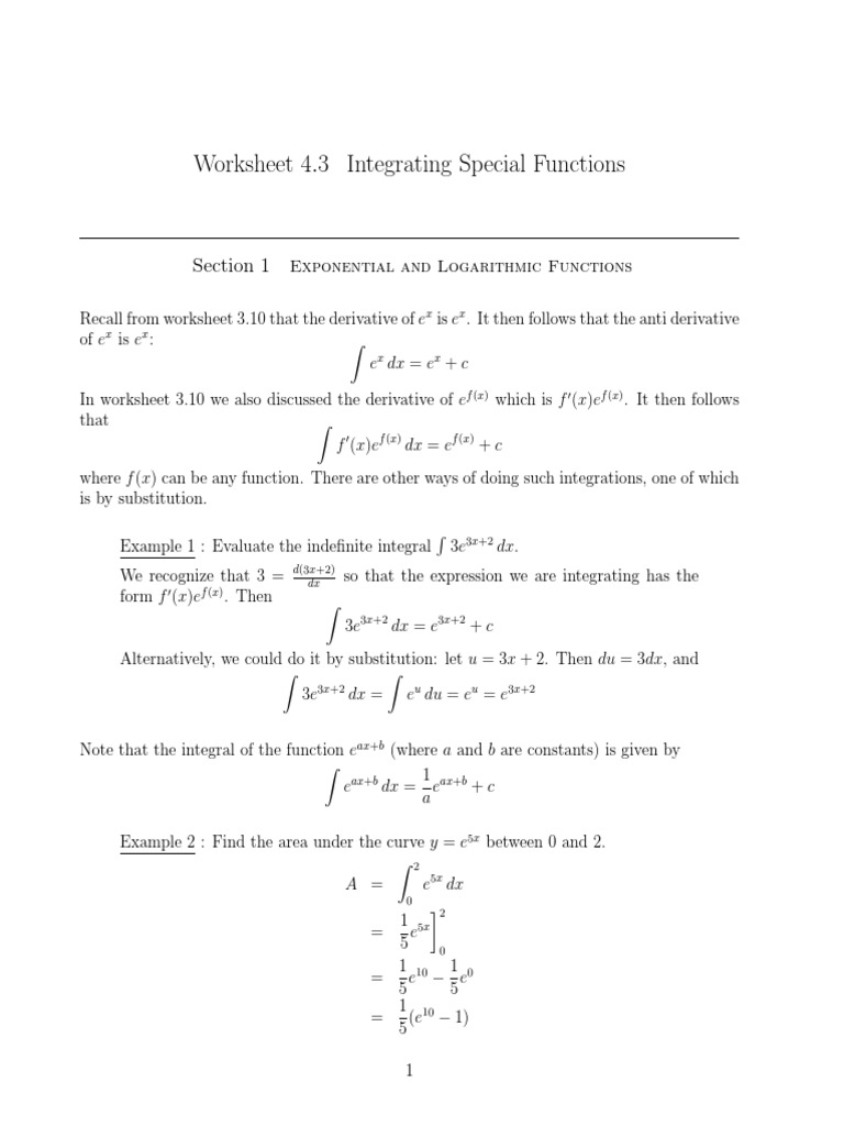 Integrating Special Functions Worksheet | PDF