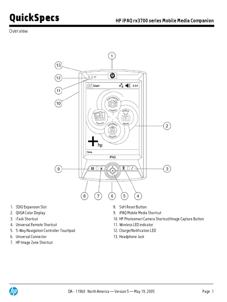 Quickspecs: HP Ipaq Rx3700 Series Mobile Media Companion | PDF ...