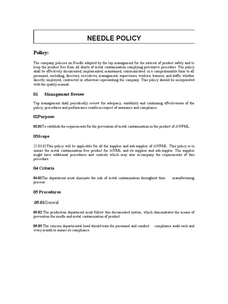 Needle Policy.2 Sewing Needle Regulatory Compliance