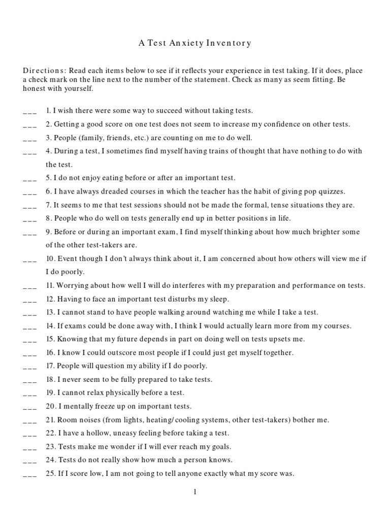 Test Anxiety Inventory Questionnaire | PDF | Test (Assessment) | Anxiety