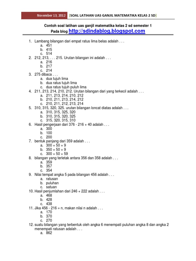 Contoh Sdinda Soal Latihan Uas Ganjil Matematika Kelas 2 Sd Semester 1