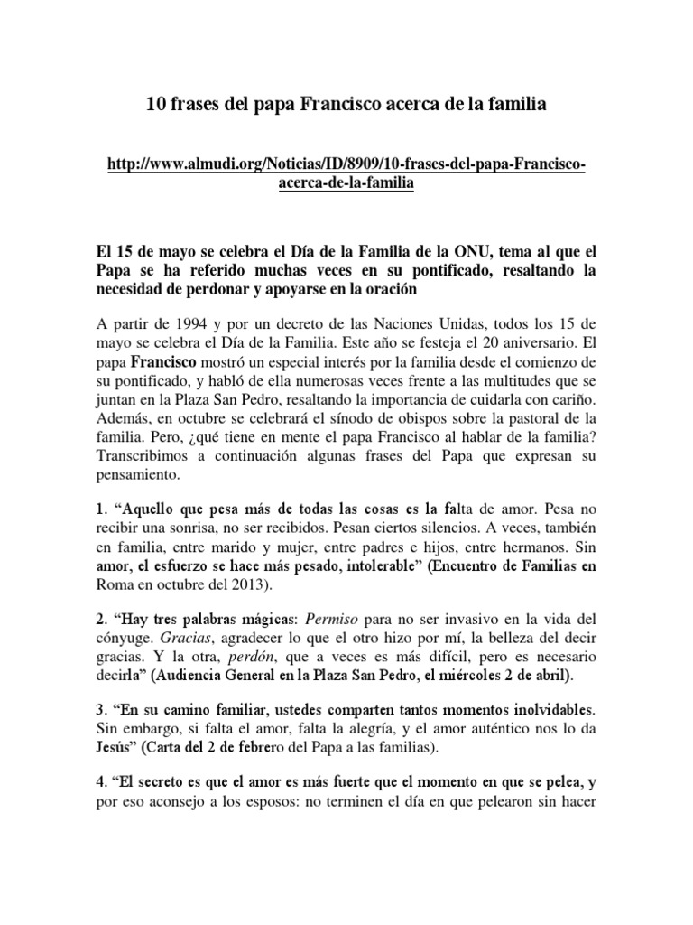 11 10 Frases Del Papa Francisco Acerca De La Familia Pdf Papa