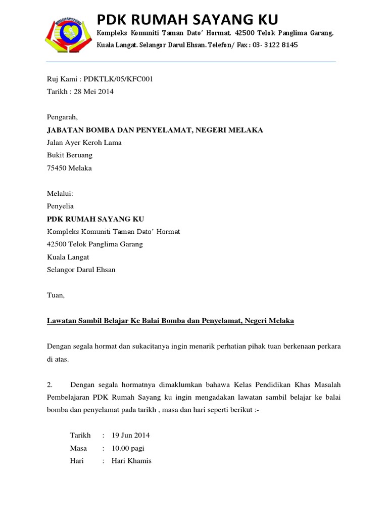 Surat Memohon Kebenaran Mengadakan Lawatan Sambil Belajar