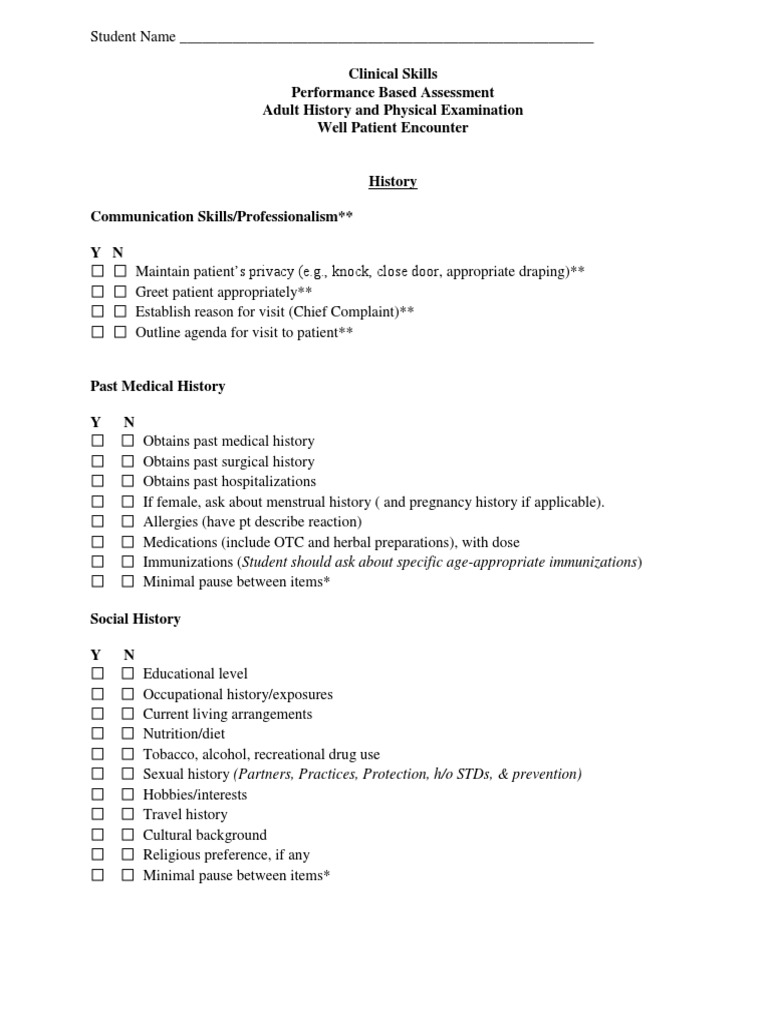 Adult History and Physical Examination Well Patient Encounter [A
