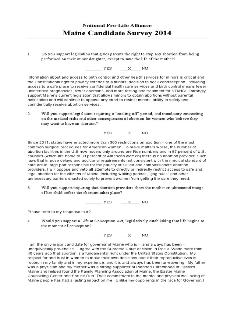 Maine 2014 Pro-Life Candidate Survey | PDF | Abortion | Roe V. Wade