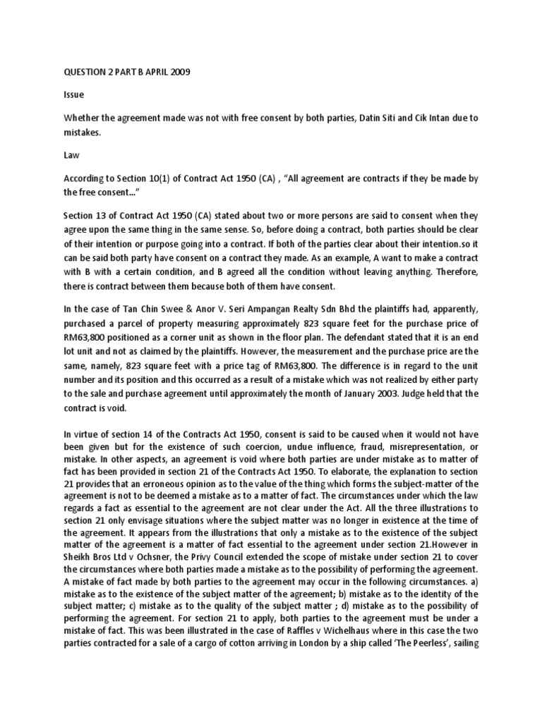 Contract Law Question 2 Part B April 2009 Pdf Business Law Common Law