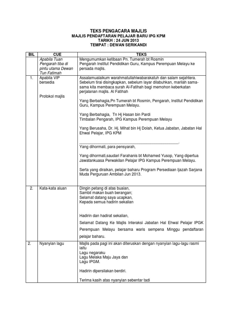 Teks Pengacara Majlis Persidangan / Contoh teks pengacara majlis