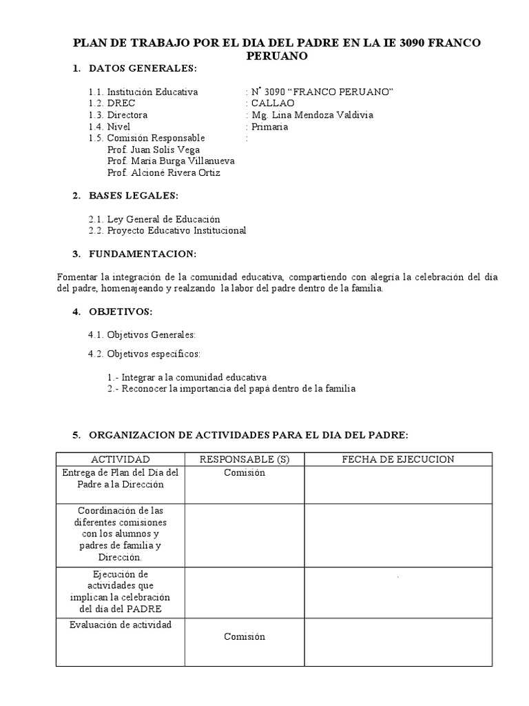Plan de Trabajo Por El Dia Del Padre en La Ie 3090 Franco Peruano | PDF