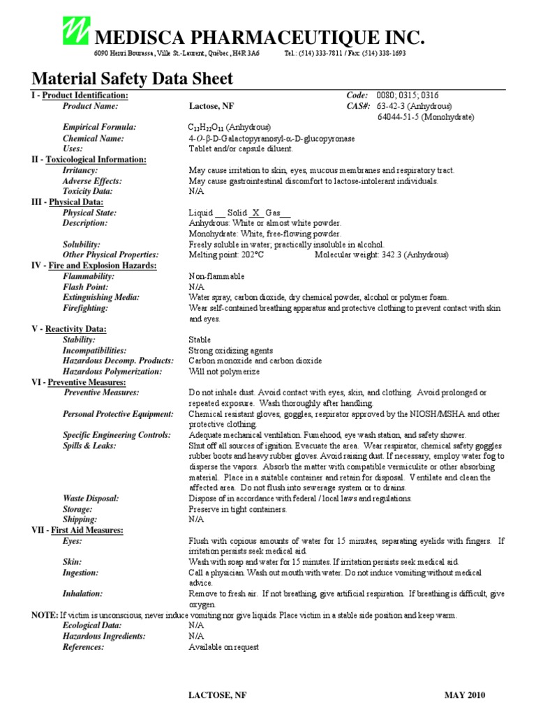 Lactose Safety Data Sheet Overview | PDF | Personal Protective ...