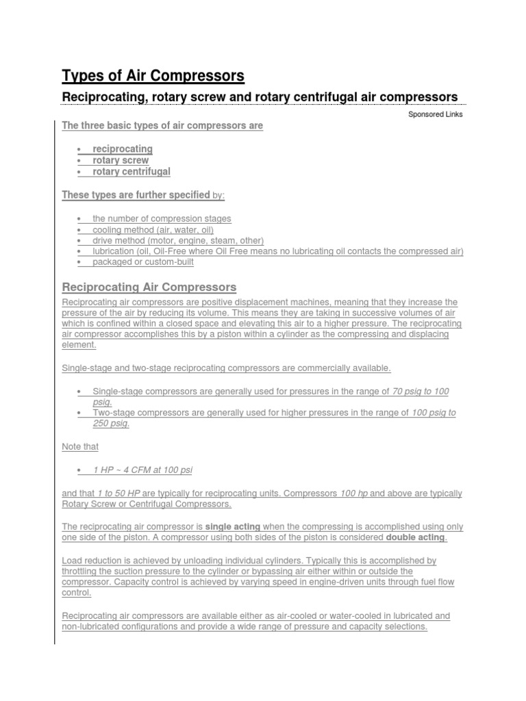 Types of Air Compressors PDF Gas Compressor Machines