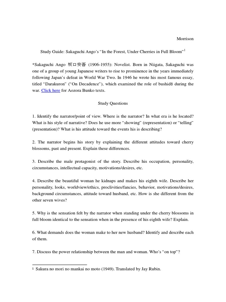 Study Guide For Sakaguchi Ango S In The Forest Under Cherries In Full Bloom 1949 Pdf Narration