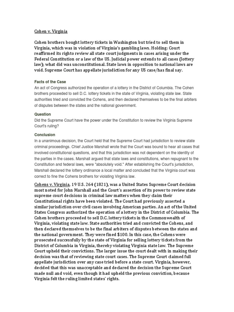 Cohen v Virginia Case Brief U.S. State Supreme Court Of The United