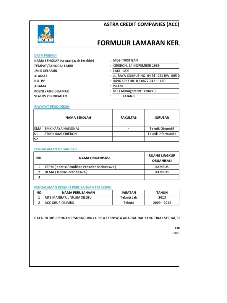 Acc Formulir Lamaran Kerja Pdf