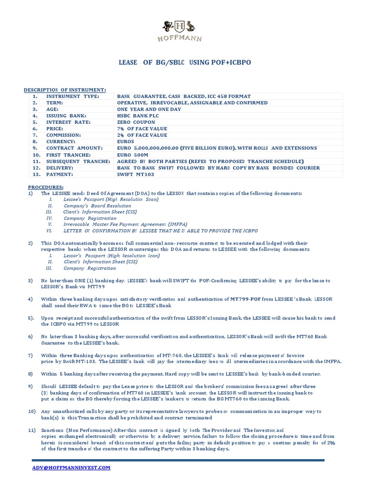 1 Lease Of Bank Instrument Pof Icbpo 001a Lease Euro