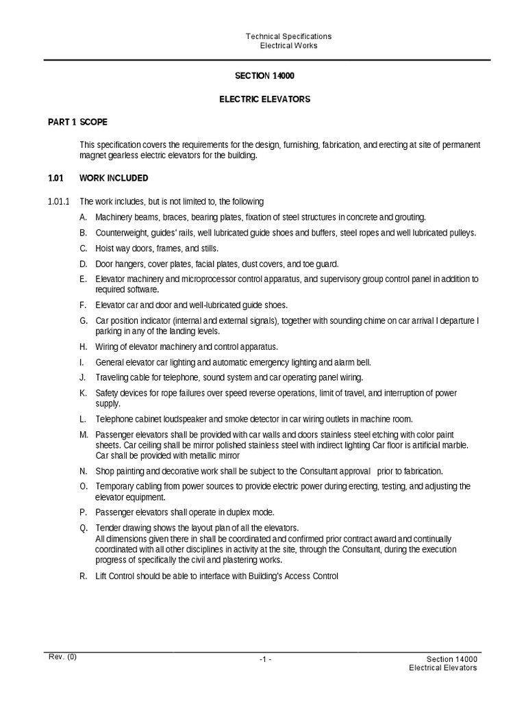 Division 14: Electric Elevator Specs | PDF | Elevator | Electrical Wiring