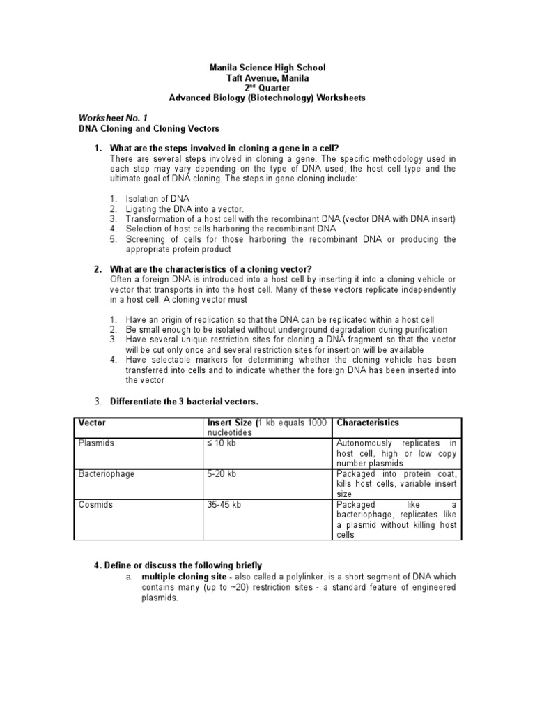 worksheet Dna Worksheets worksheets with answers molecular cloning plasmid