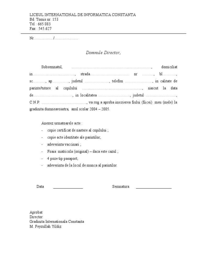 Cerere Inscriere Gradinita