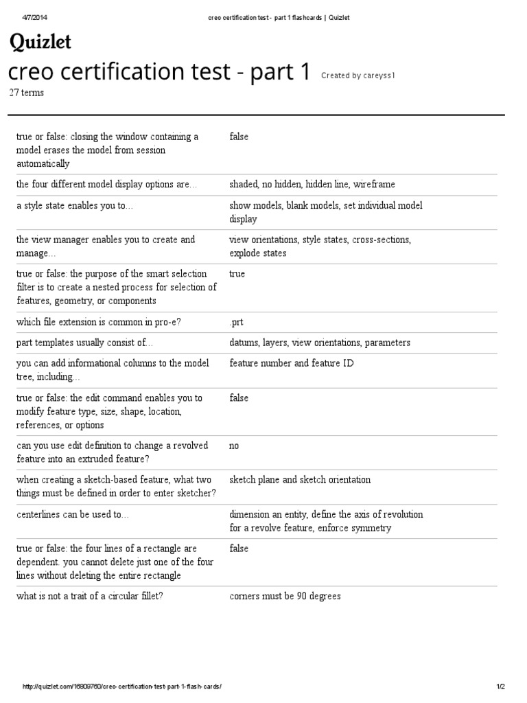 Creo Certification Test Flashcards | PDF | Angle | Software