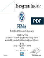 Fema Emergency Management Certificate for Henry Vinson in Emergency Support Function - Energy