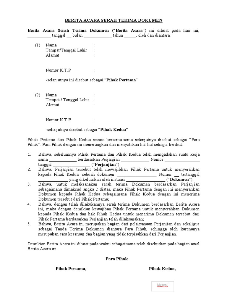 Contoh Berita Acara Serah Terima Dokumen