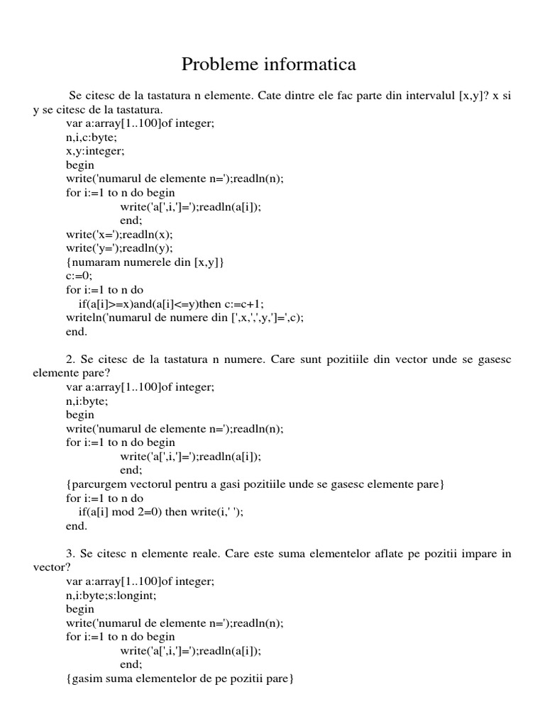 Probleme Informatica Clasa A X - A | PDF