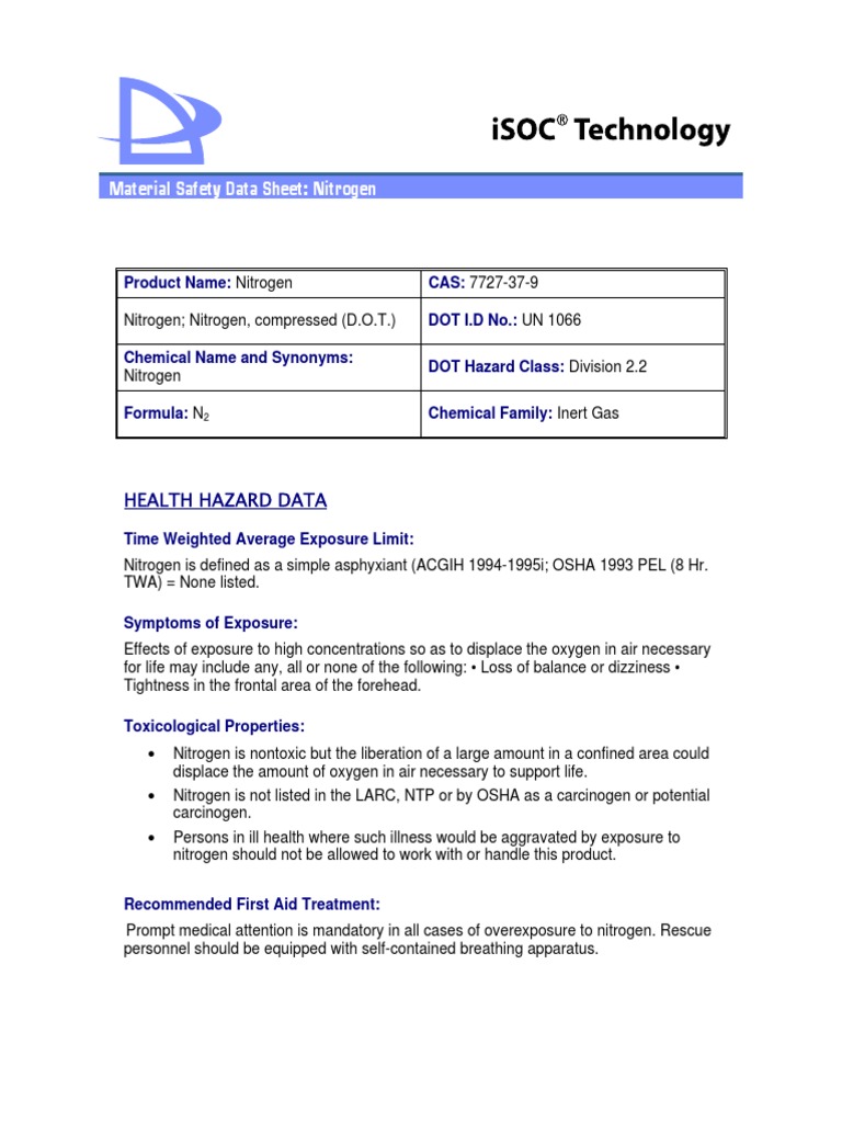 Material Safety Data Sheet Nitrogen PDF Gases Chemistry