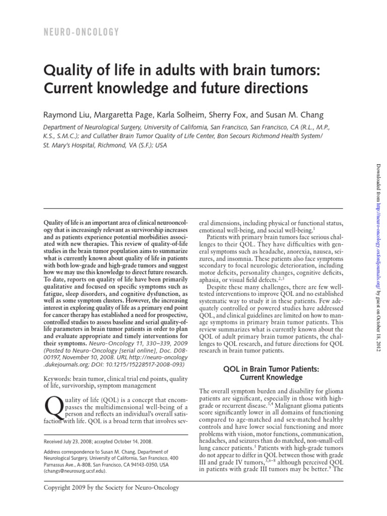 Quality of Life in Adults With Brain Tumors Current Knowledge and ...