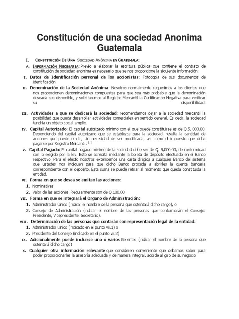 Constitución de Una Sociedad Anonima Guatemala Liquidación Compartir (Finanzas)