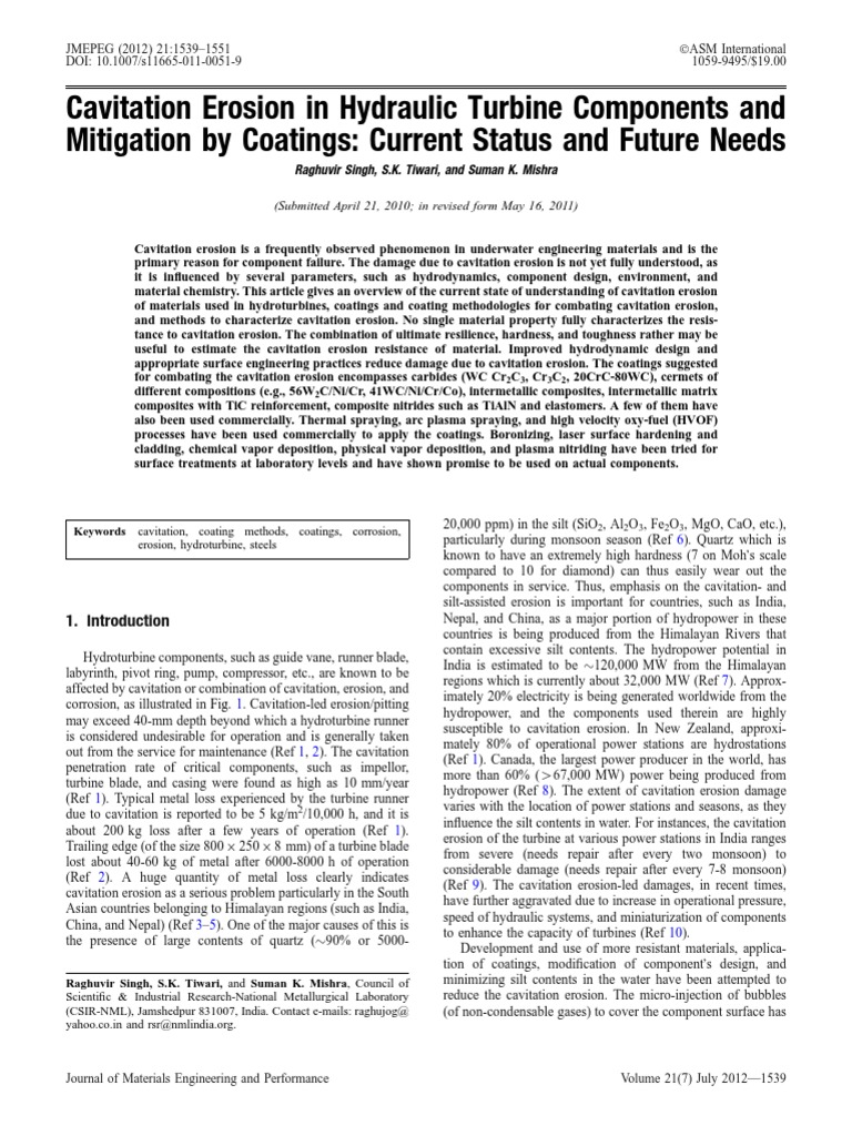 Cavitation Erosion in Hydraulic Turbines | PDF | Stainless Steel | Steel