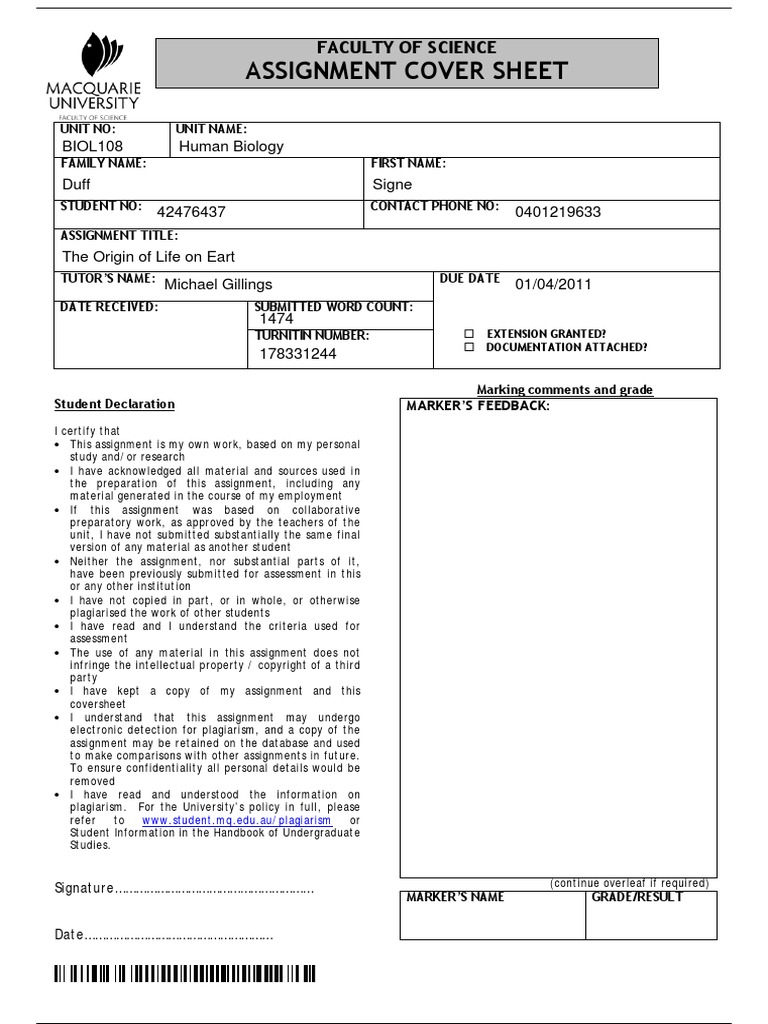 Assignment Cover Sheet: BIOL108 Human Biology Duff Signe 42476437 ...