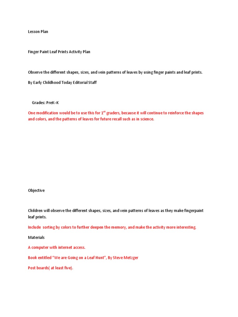 Finger Paint Leaf Prints Activity Plan PDF Newspapers Leaf