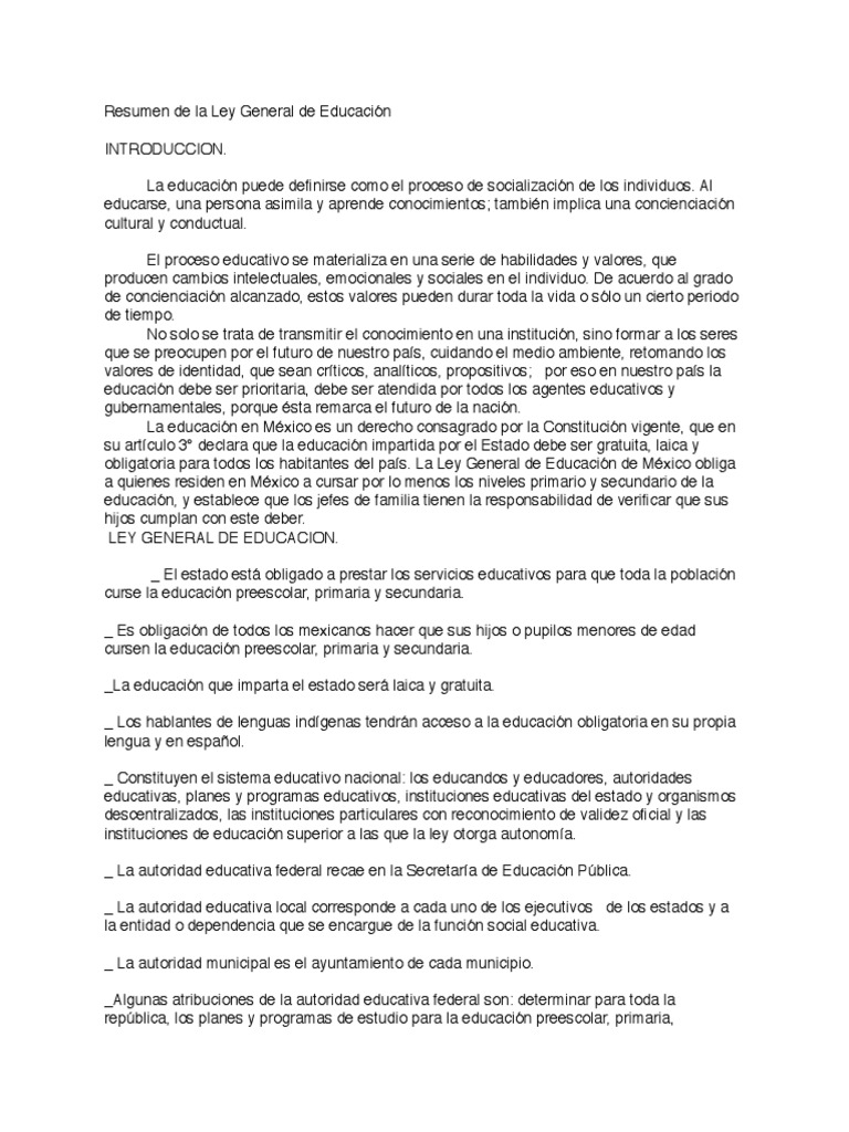 Resumen Ley General de Educación 2024 | PDF | Jardín de infancia ...
