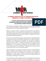 Posición Del Movimiento Nueva República Ante La Aprobación de La Ley de Alianzas Público-Privadas