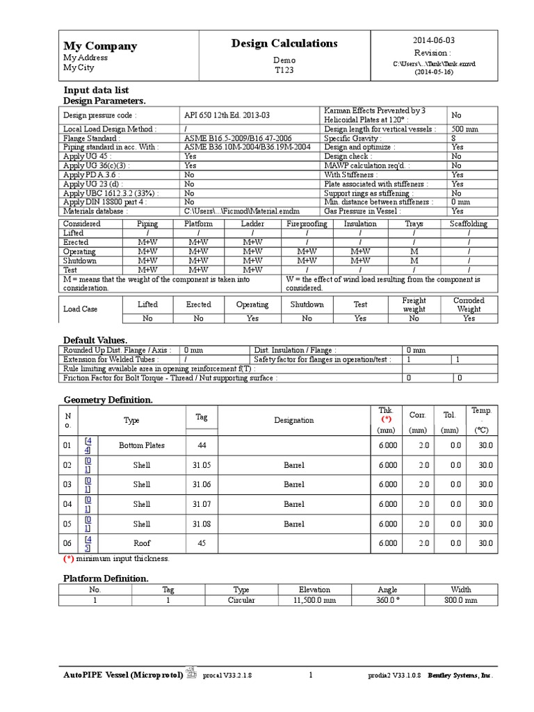 My Company Design Calculations: Input Data List | PDF | Mechanical ...