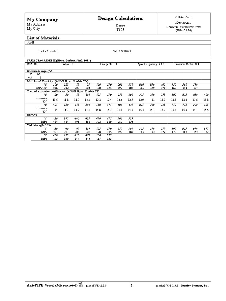 My Company Design Calculations: List of Materials | PDF