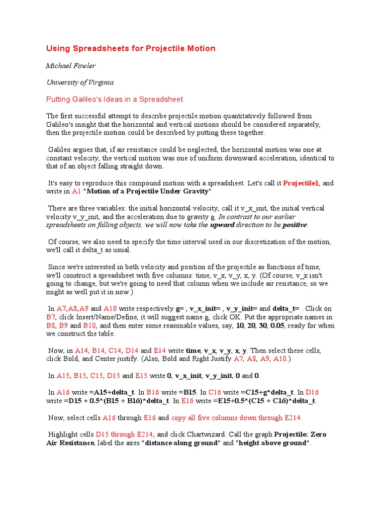 Using Spreadsheets For Projectile Motion Pdf Acceleration Spreadsheet