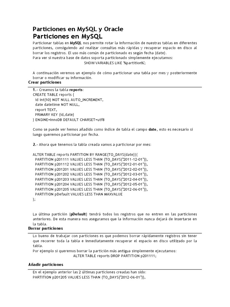 Particiones en MySQL y Oracle | PDF | Tabla (base de datos) | SQL